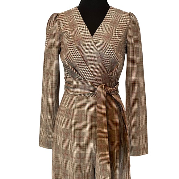 ANTONIO MELANI Plaid Wrap Jumpsuit Long Sleeve Belted Wide Leg Women Size 2 - Picture 2 of 7